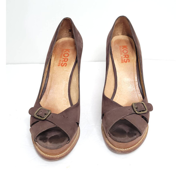 Michael Kors Open Toes Brown Heels Size 10M GENUINE All LEATHER SHOES Wood Heel - Picture 3 of 7